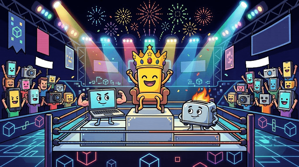 A crowned chair on the winners' podium under spotlights, with a laptop and a toaster either side